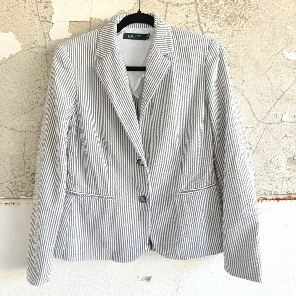 Lauren Ralph Lauren Seersucker Blazer Striped Jacket Preppy Coastal Womens 8